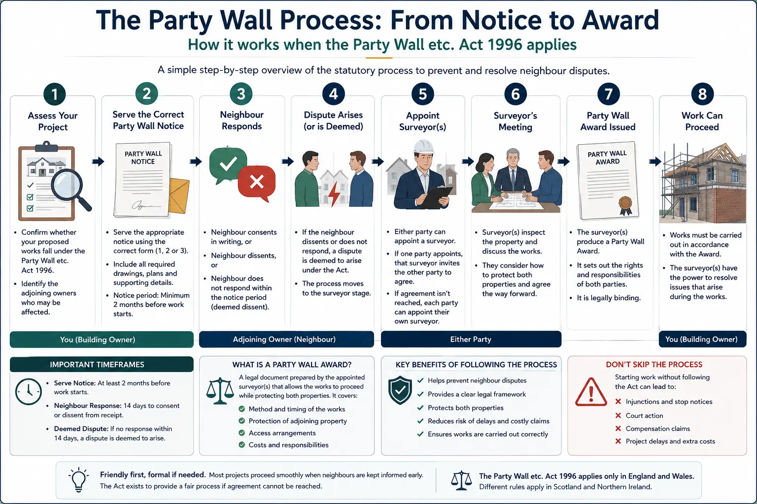 Do I Need a Party Wall Agreement? An infographic showing the party wall process from notice to award in a very interactive way for the citizens living in Swindon, UK