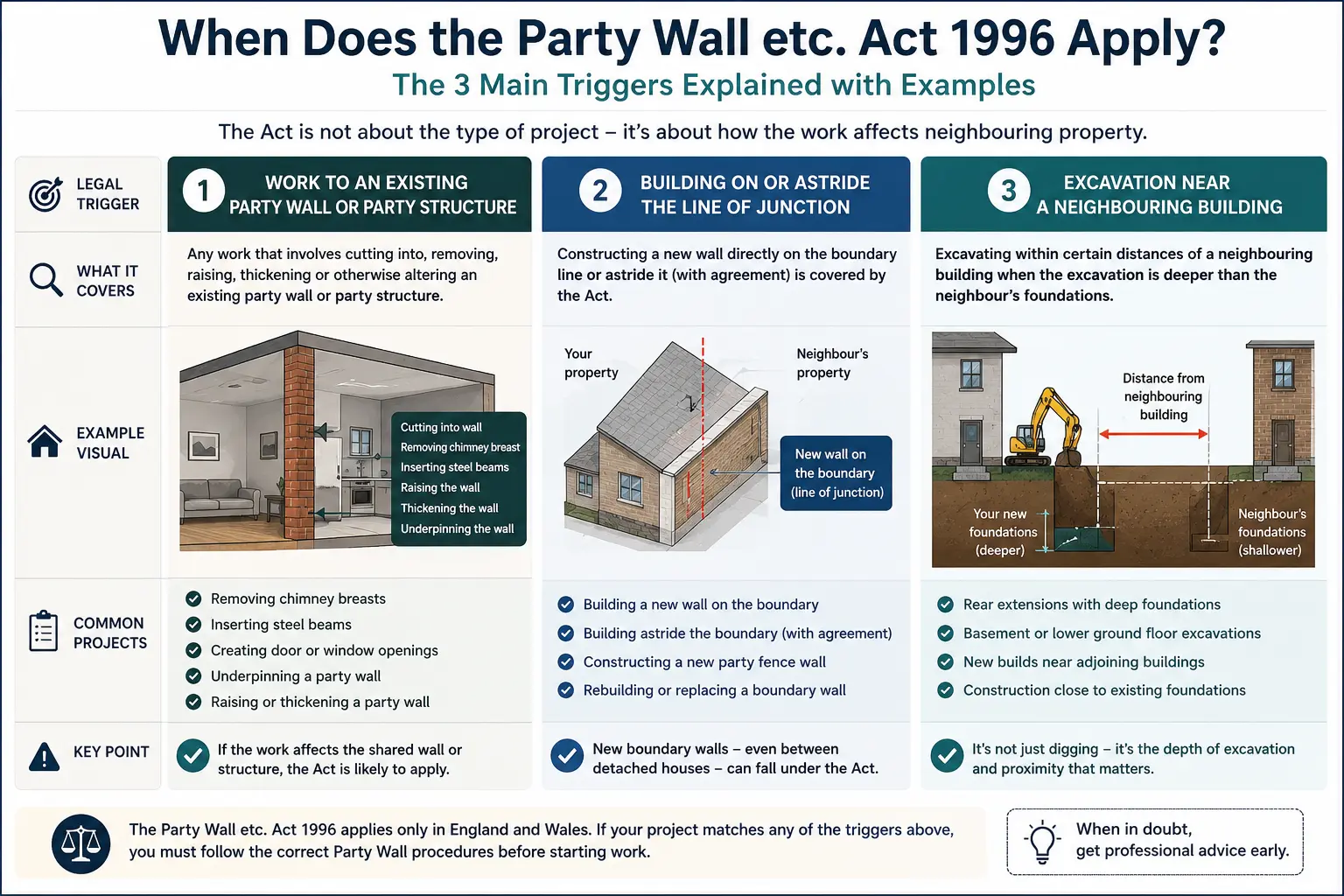 Do I Need a Party Wall Agreement? An infographic showing when does the party wall etc act 1996 apply like excavation, junction, painting, in Swindon, UK